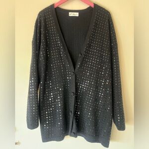 Vintage 80s 90s black sequin di bari wool angora cardigan sweater knit